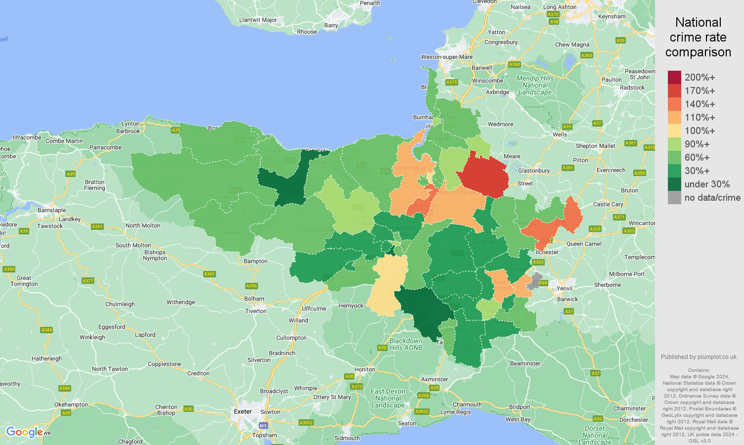 Taunton burglary crime rate comparison map