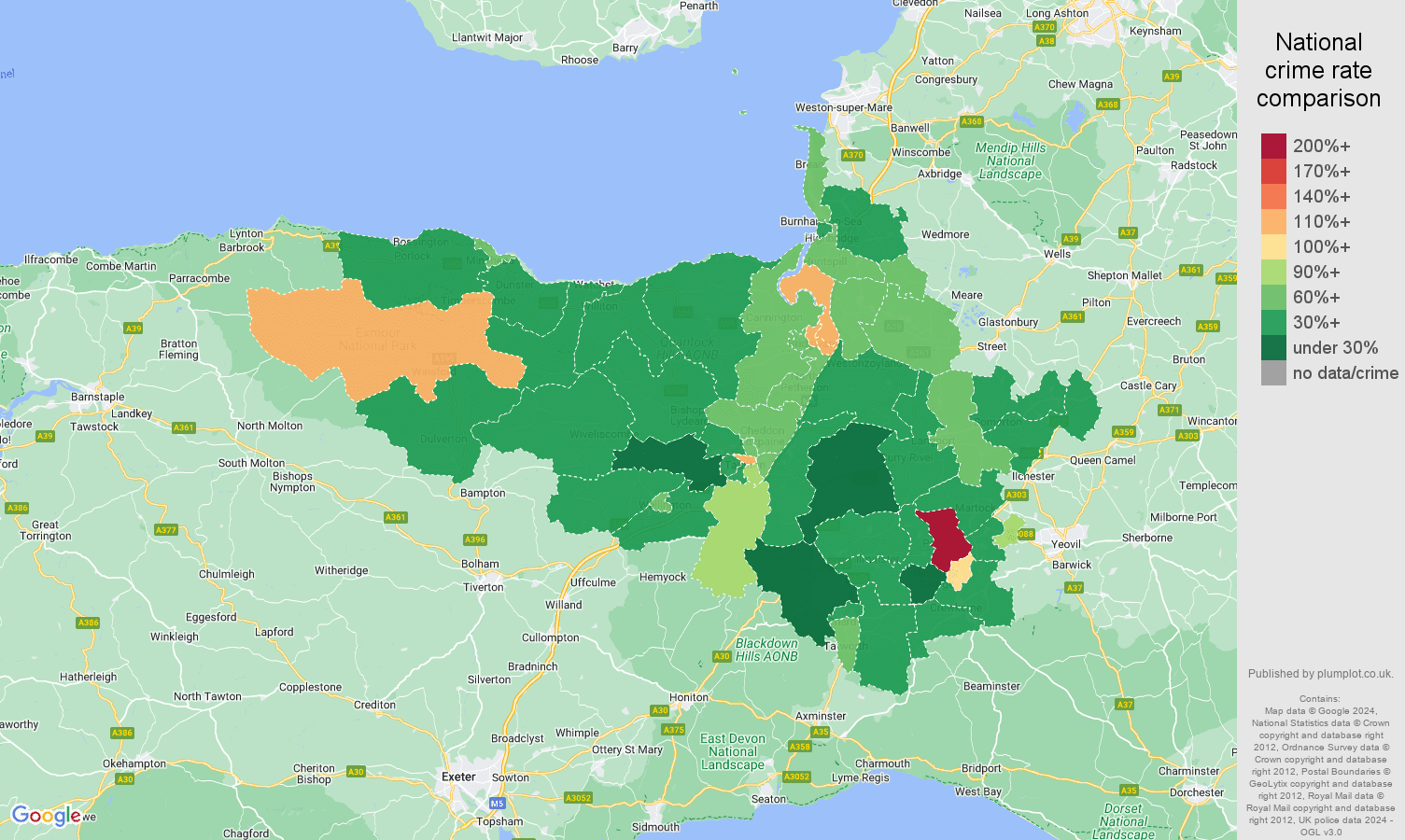 Taunton other theft crime rate comparison map