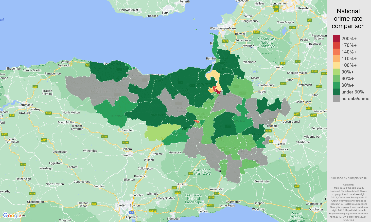 Taunton possession of weapons crime rate comparison map