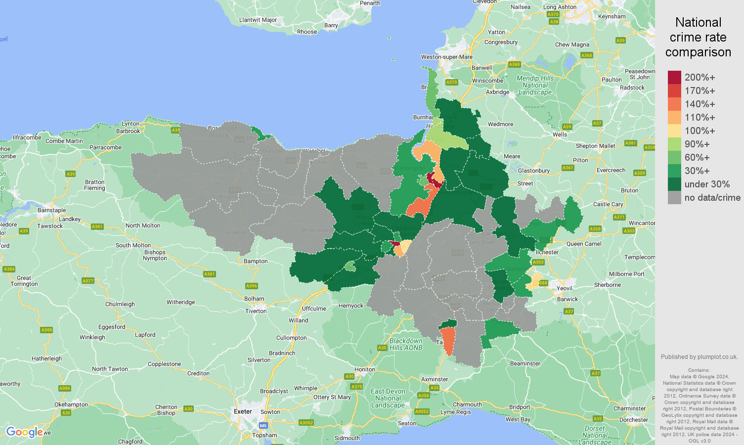 Taunton robbery crime rate comparison map