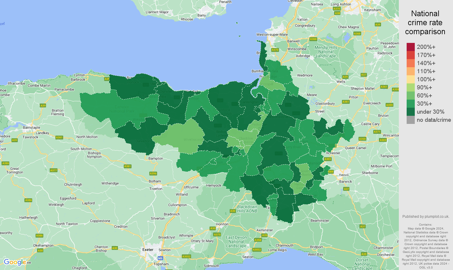 Taunton vehicle crime rate comparison map