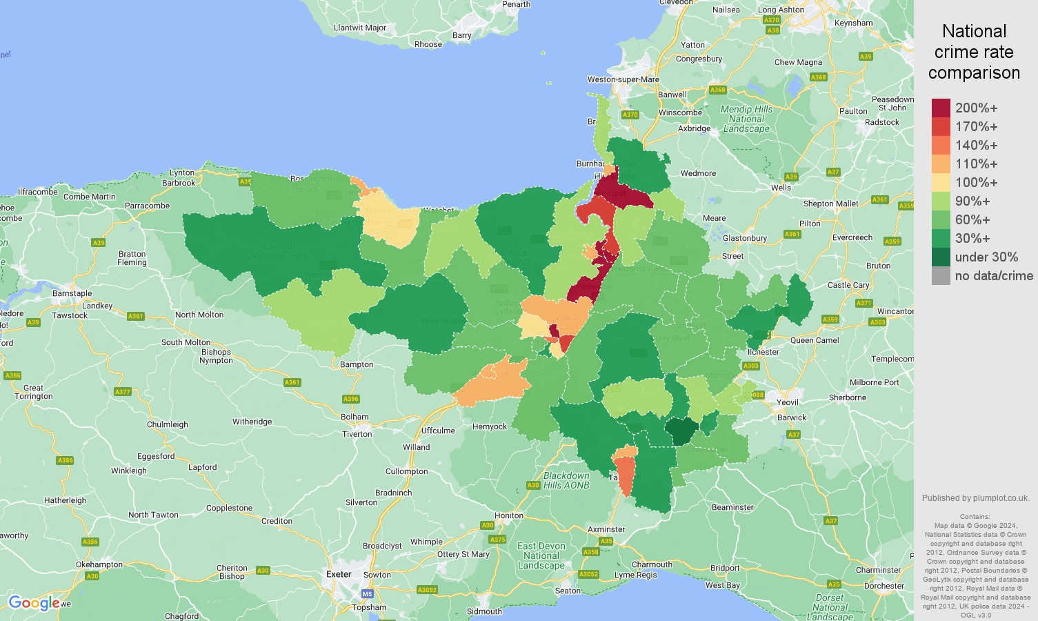 Taunton violent crime rate comparison map