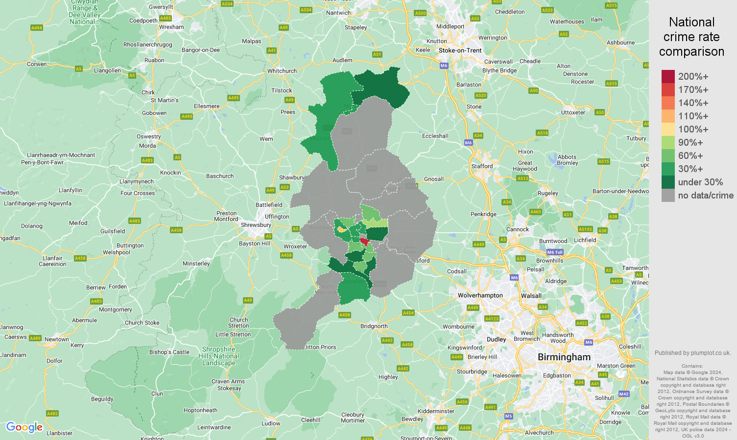 Telford bicycle theft crime rate comparison map