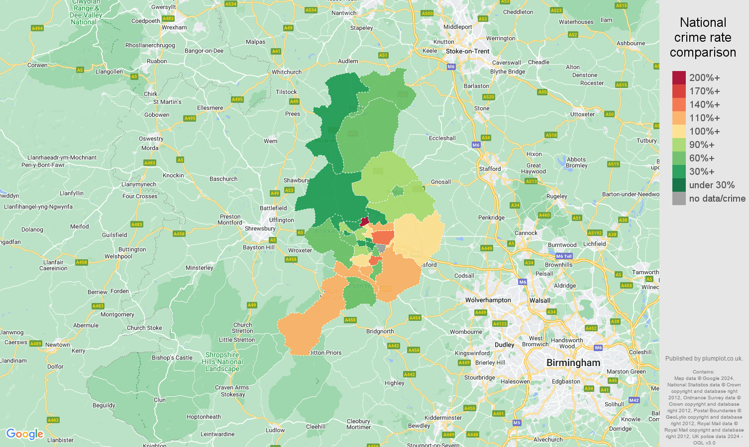 Telford burglary crime rate comparison map