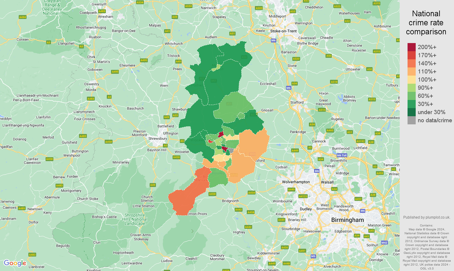 Telford other theft crime rate comparison map