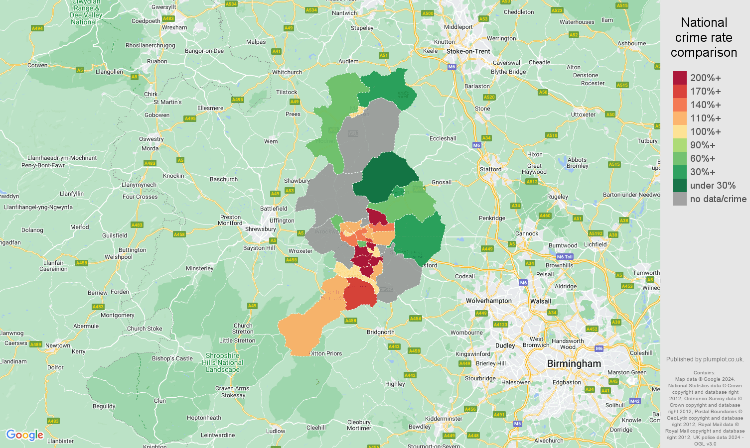 Telford possession of weapons crime rate comparison map