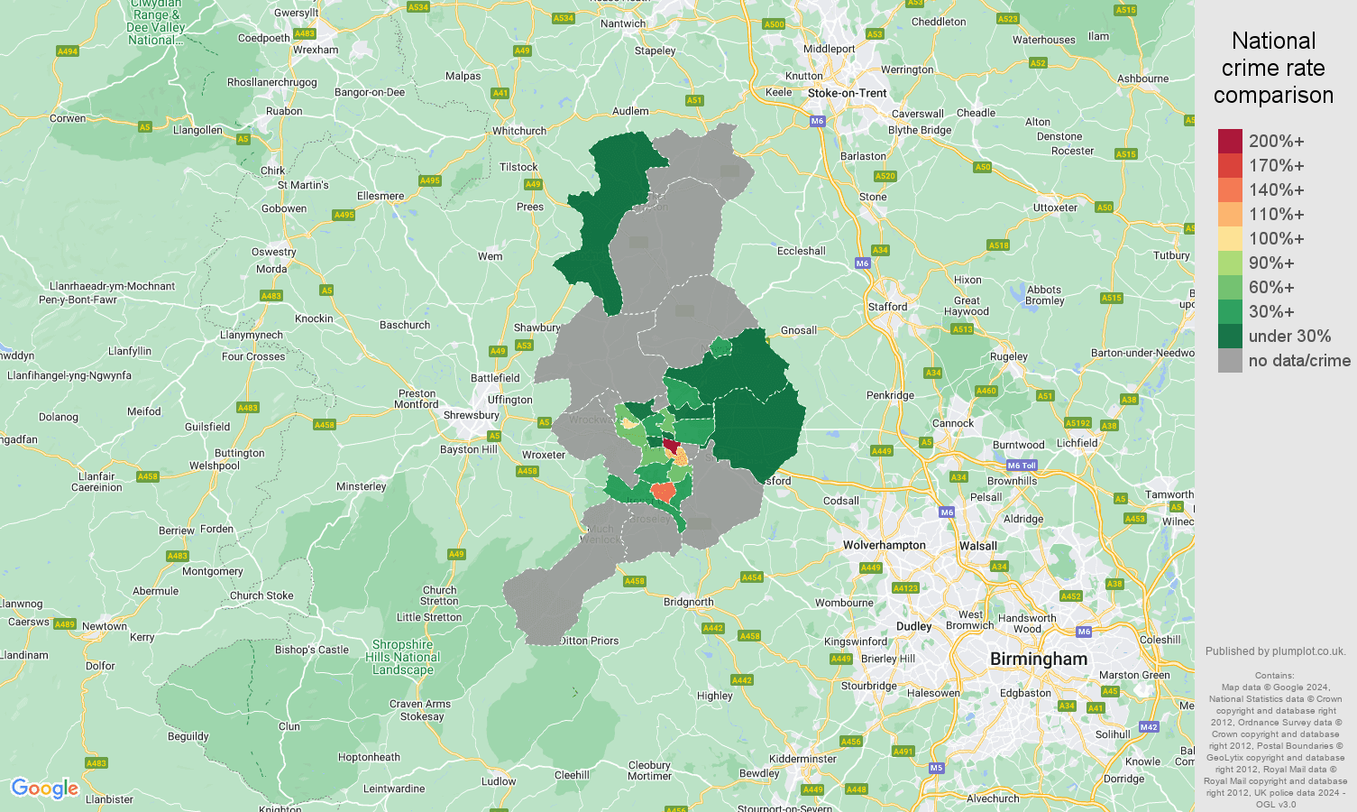 Telford robbery crime rate comparison map