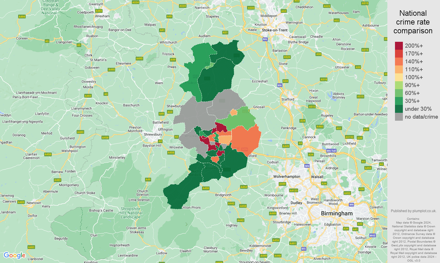 Telford shoplifting crime rate comparison map