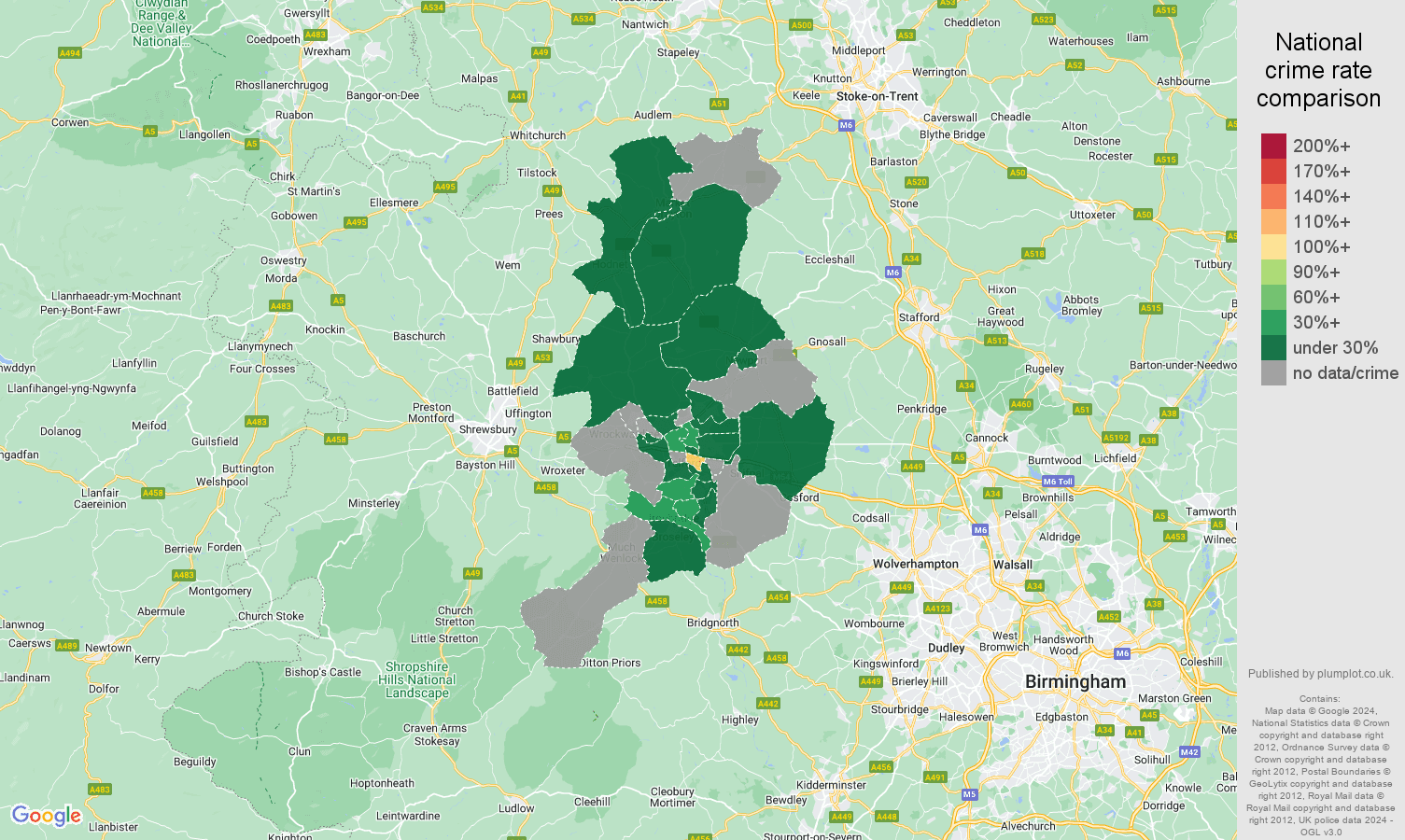 Telford theft from the person crime rate comparison map
