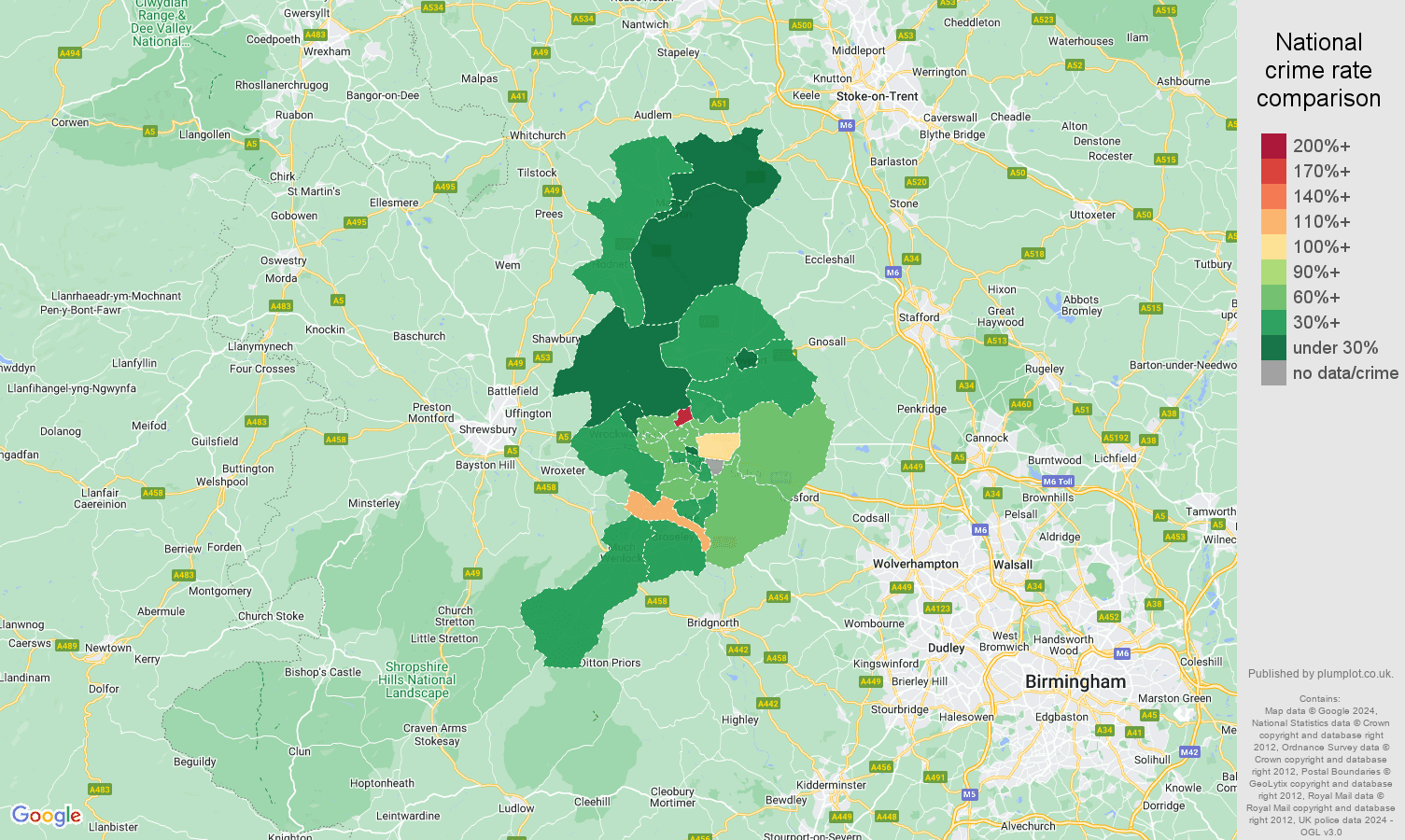 Telford vehicle crime rate comparison map