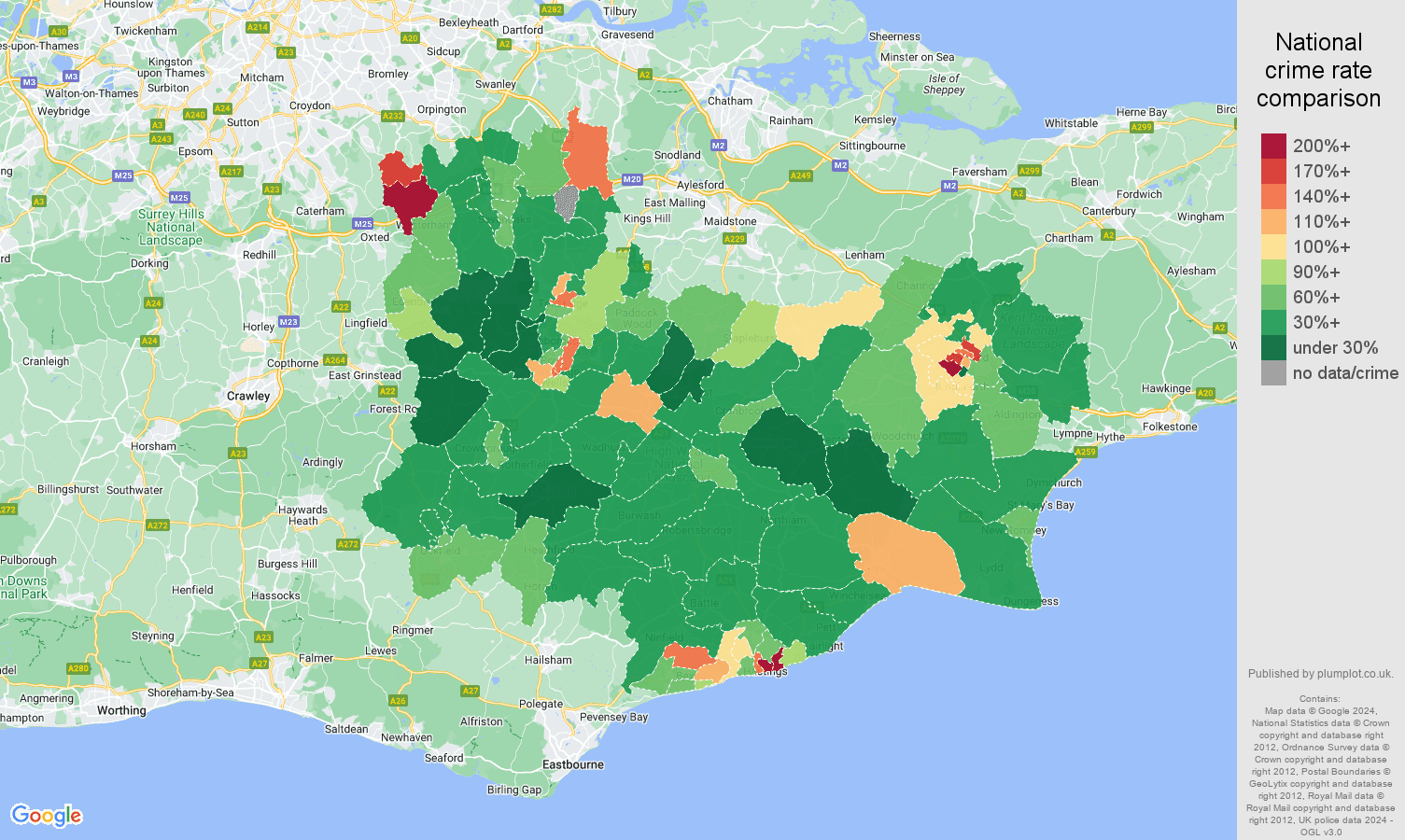 Tonbridge antisocial behaviour crime rate comparison map