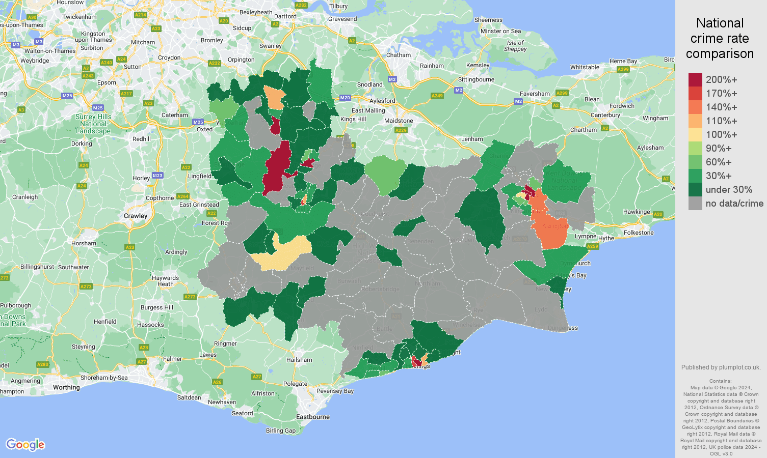 Tonbridge bicycle theft crime rate comparison map