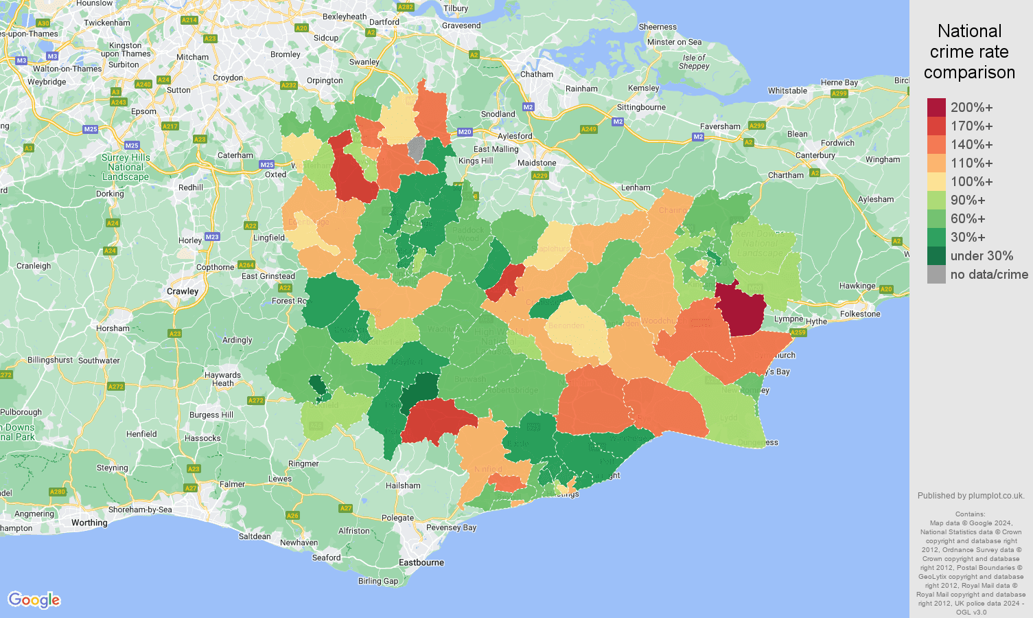Tonbridge burglary crime rate comparison map