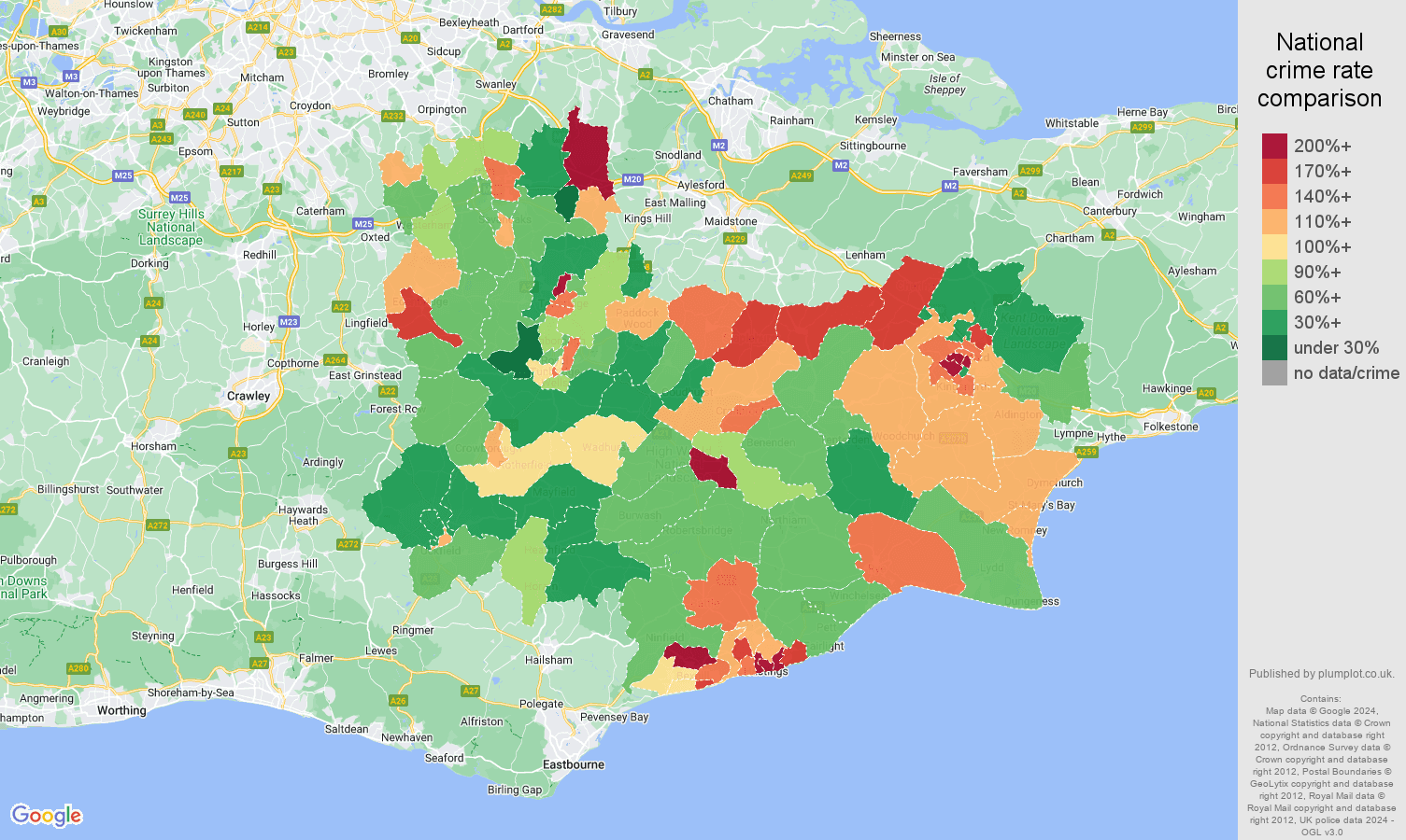 Tonbridge criminal damage and arson crime rate comparison map