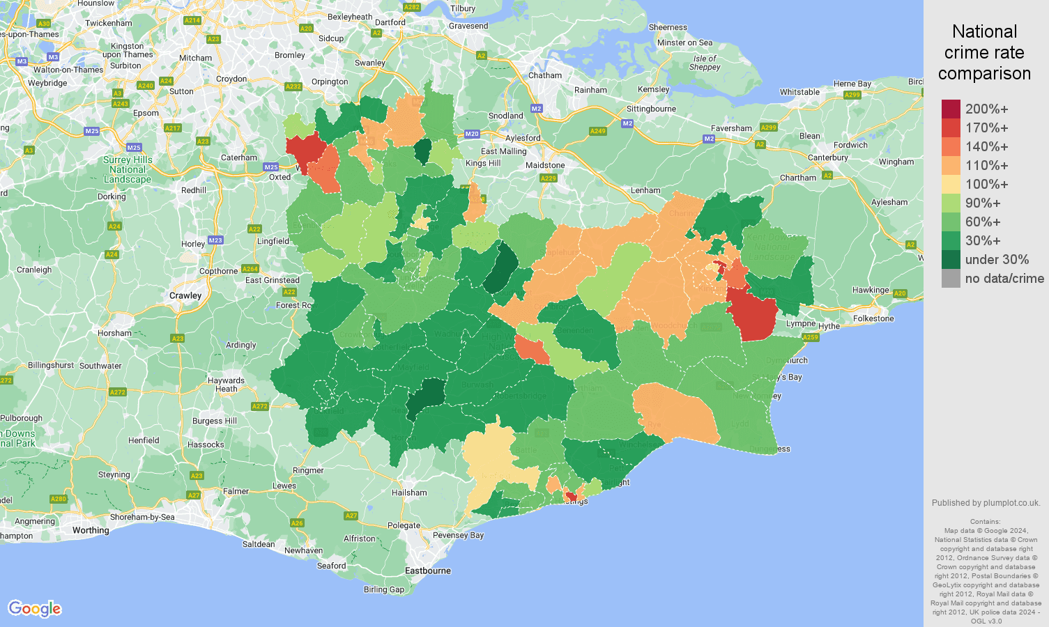 Tonbridge other theft crime rate comparison map