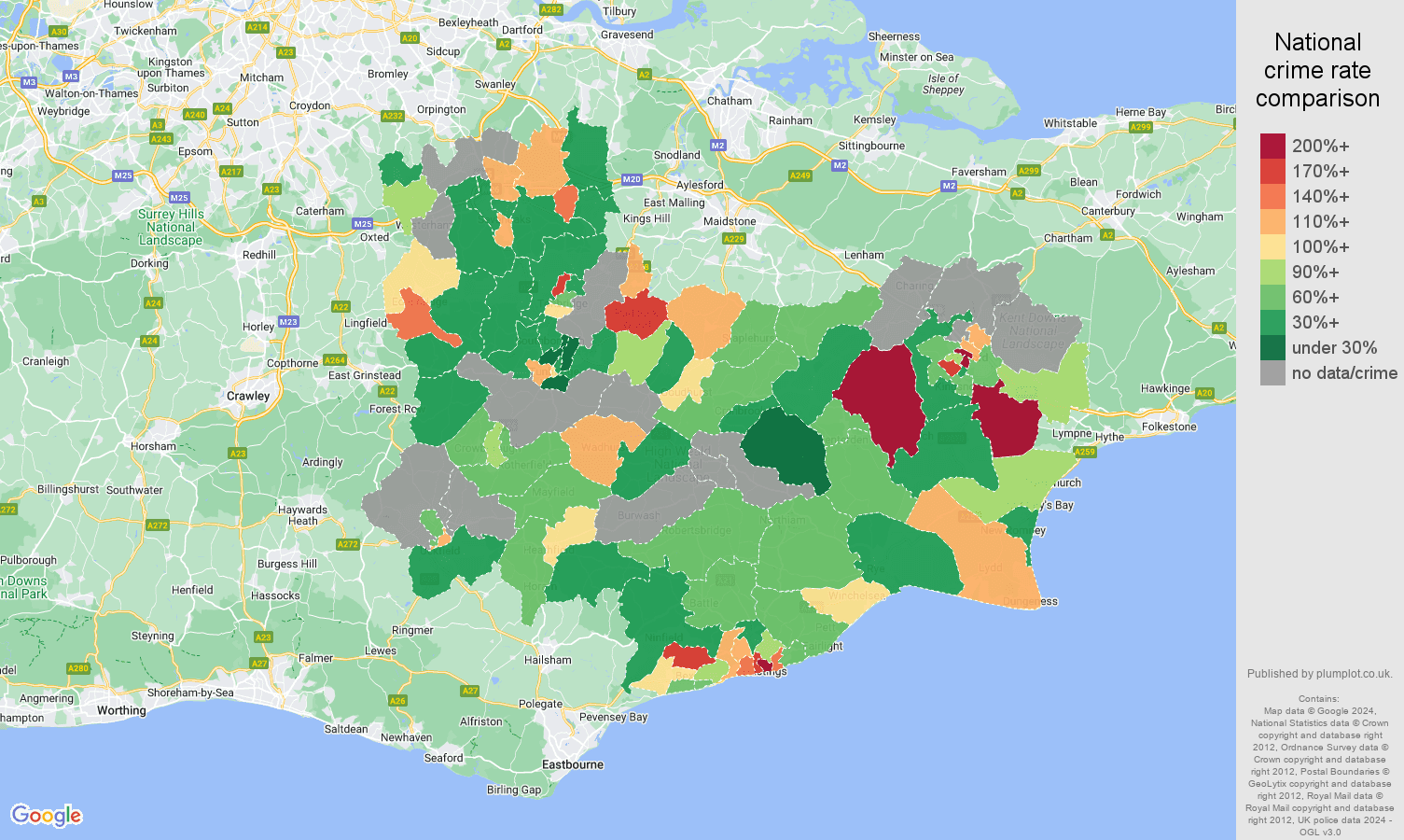 Tonbridge possession of weapons crime rate comparison map