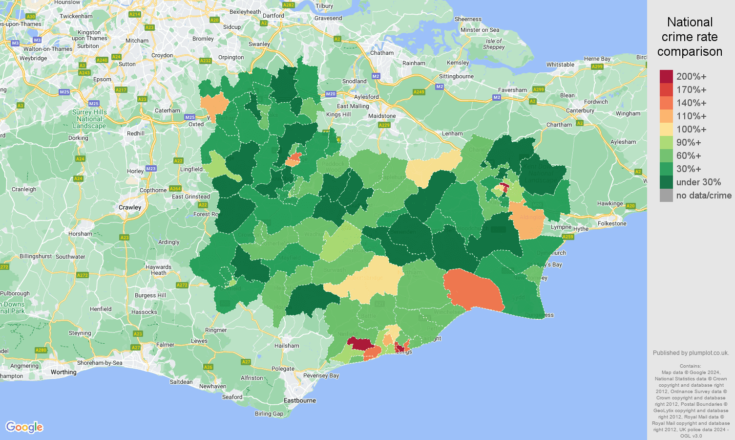 Tonbridge public order crime rate comparison map
