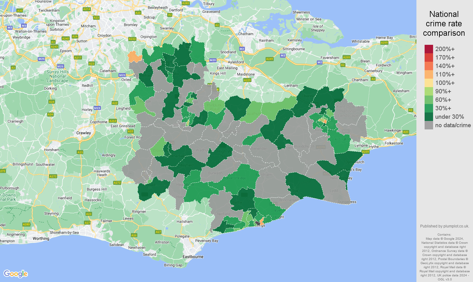 Tonbridge robbery crime rate comparison map