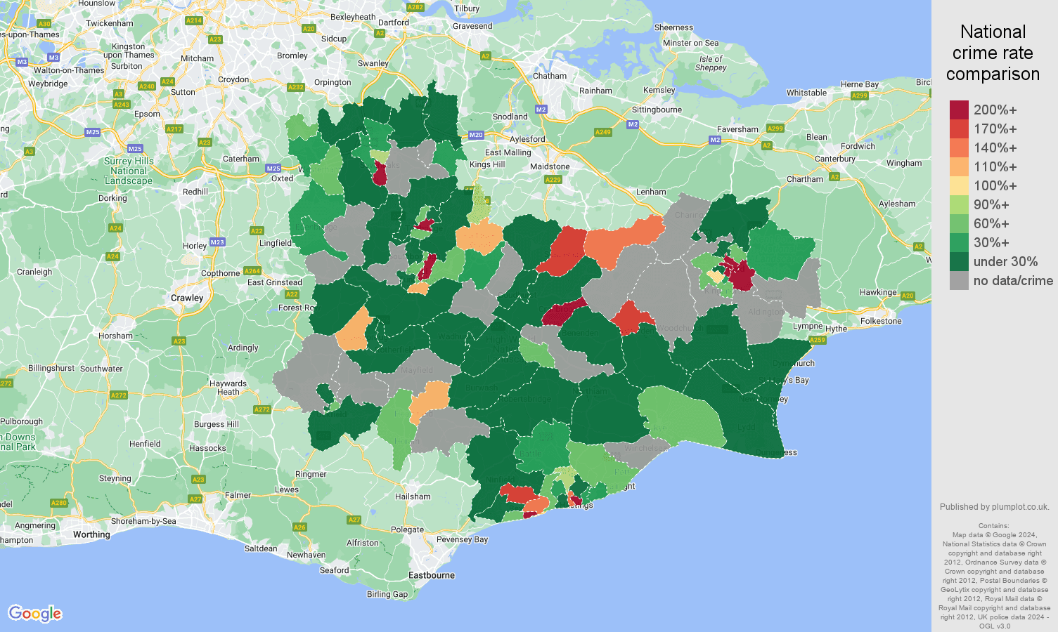Tonbridge shoplifting crime rate comparison map