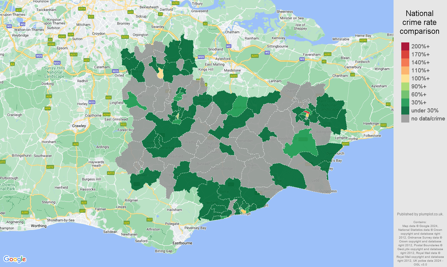Tonbridge theft from the person crime rate comparison map