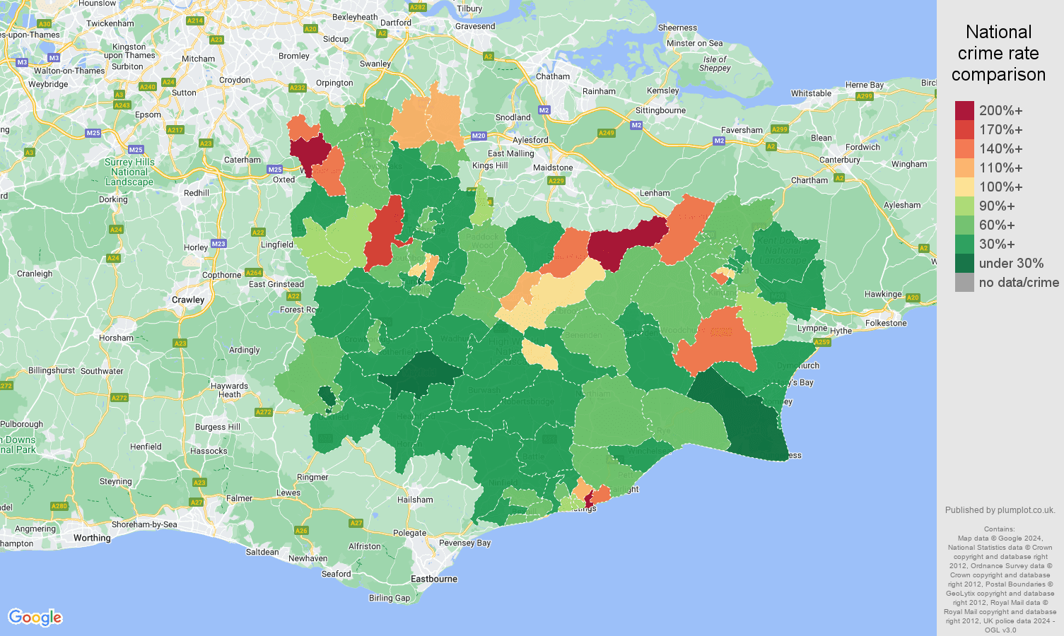 Tonbridge vehicle crime rate comparison map