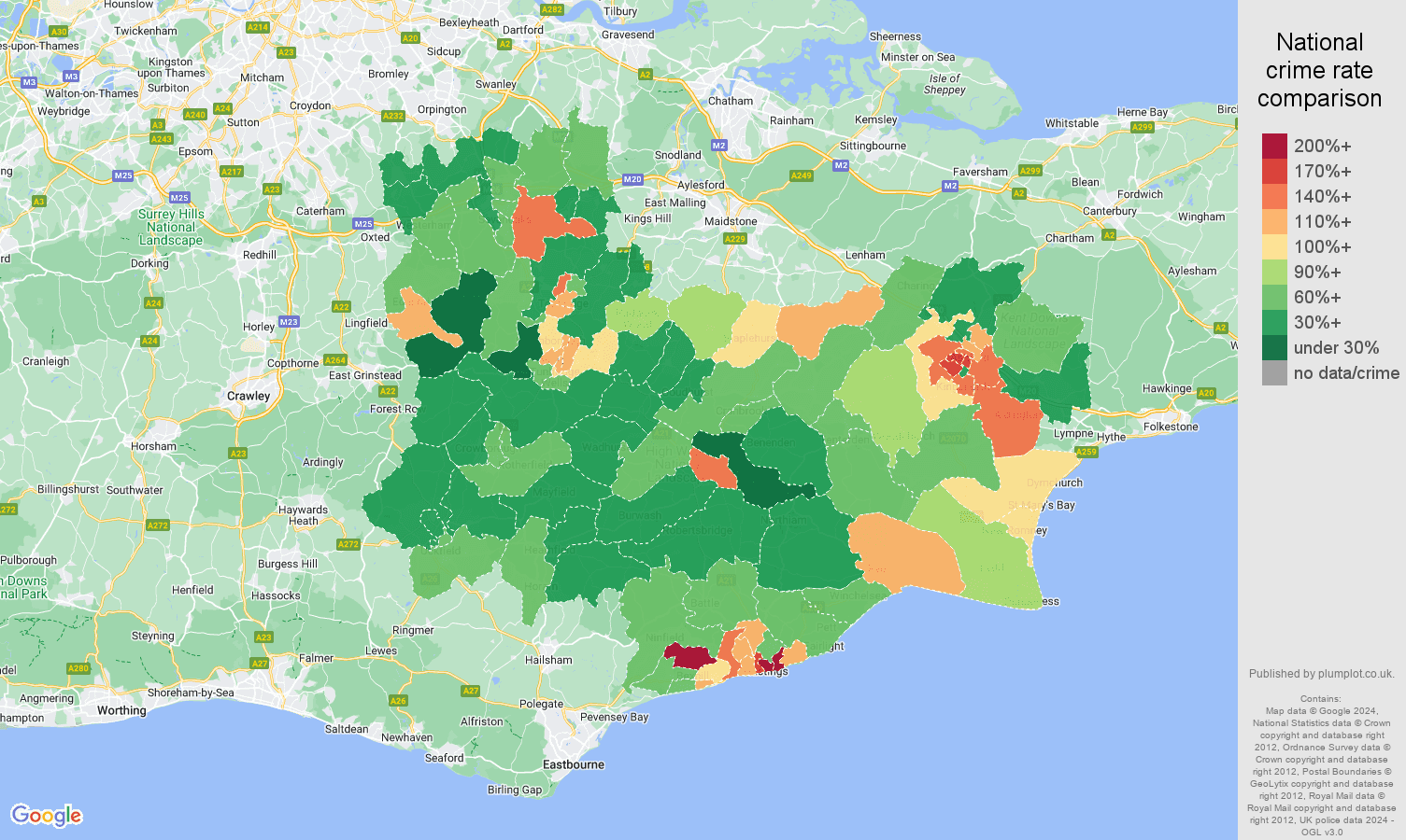Tonbridge violent crime rate comparison map