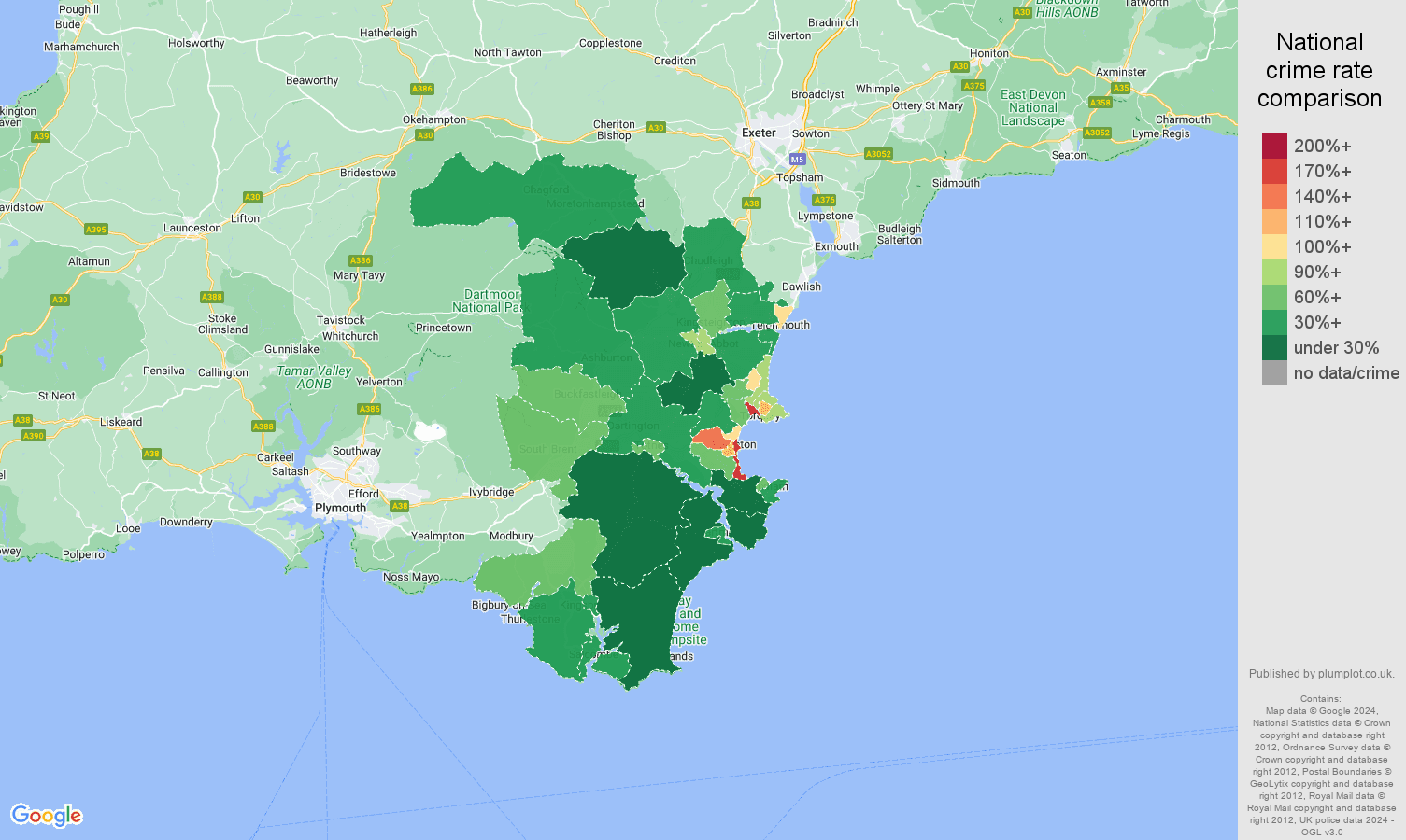Torquay criminal damage and arson crime rate comparison map
