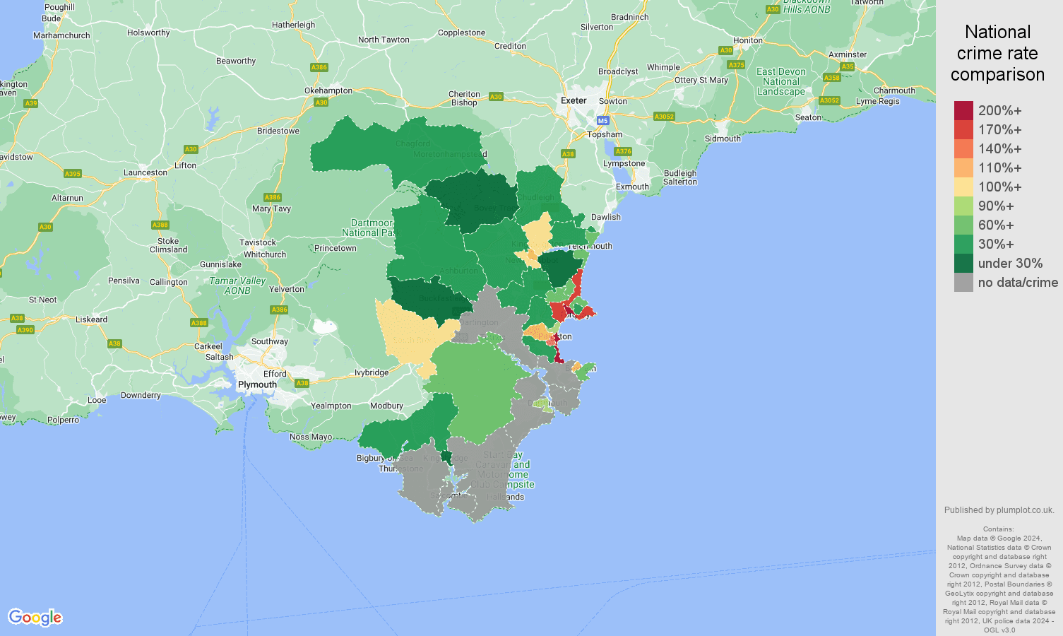 Torquay possession of weapons crime rate comparison map