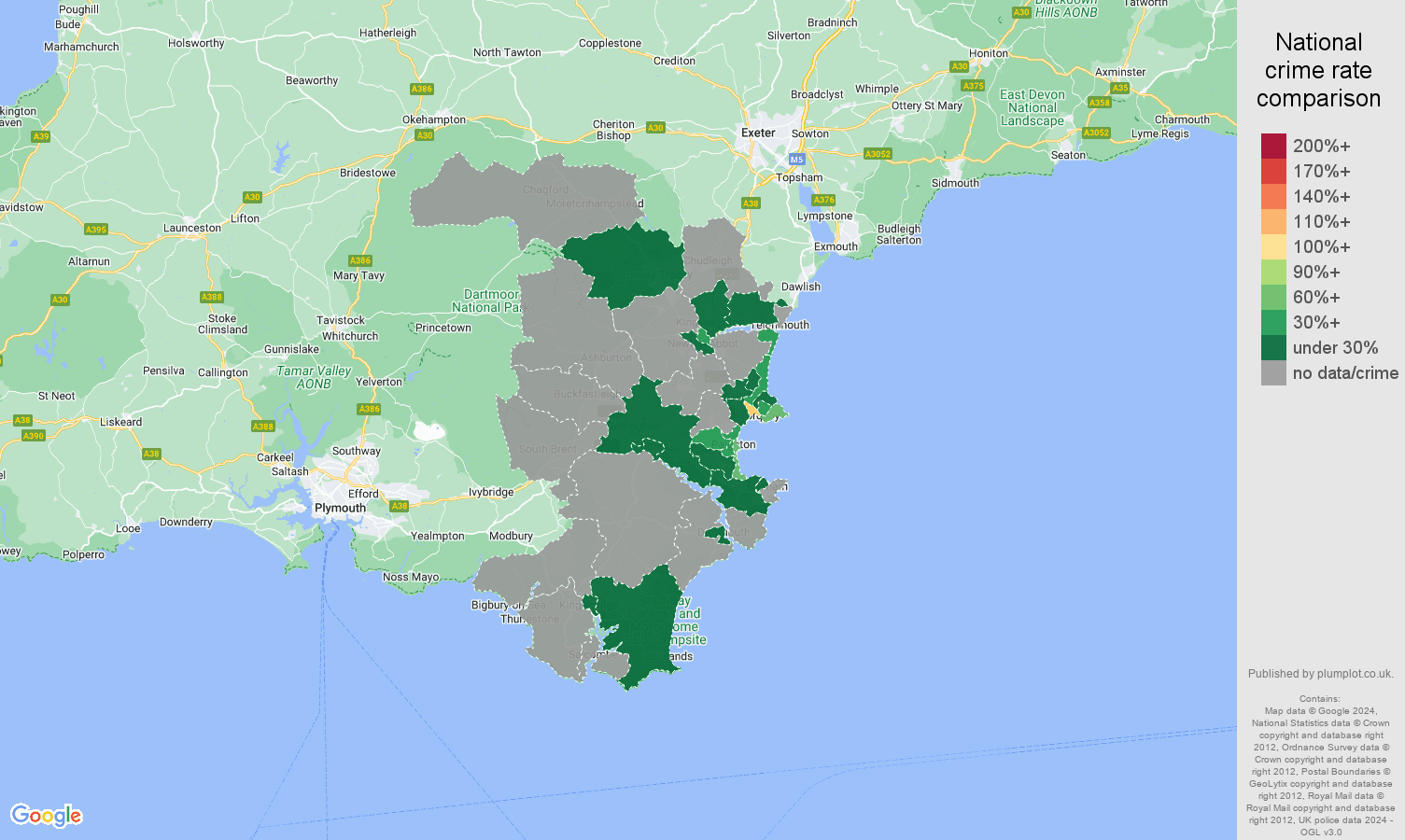Torquay theft from the person crime rate comparison map