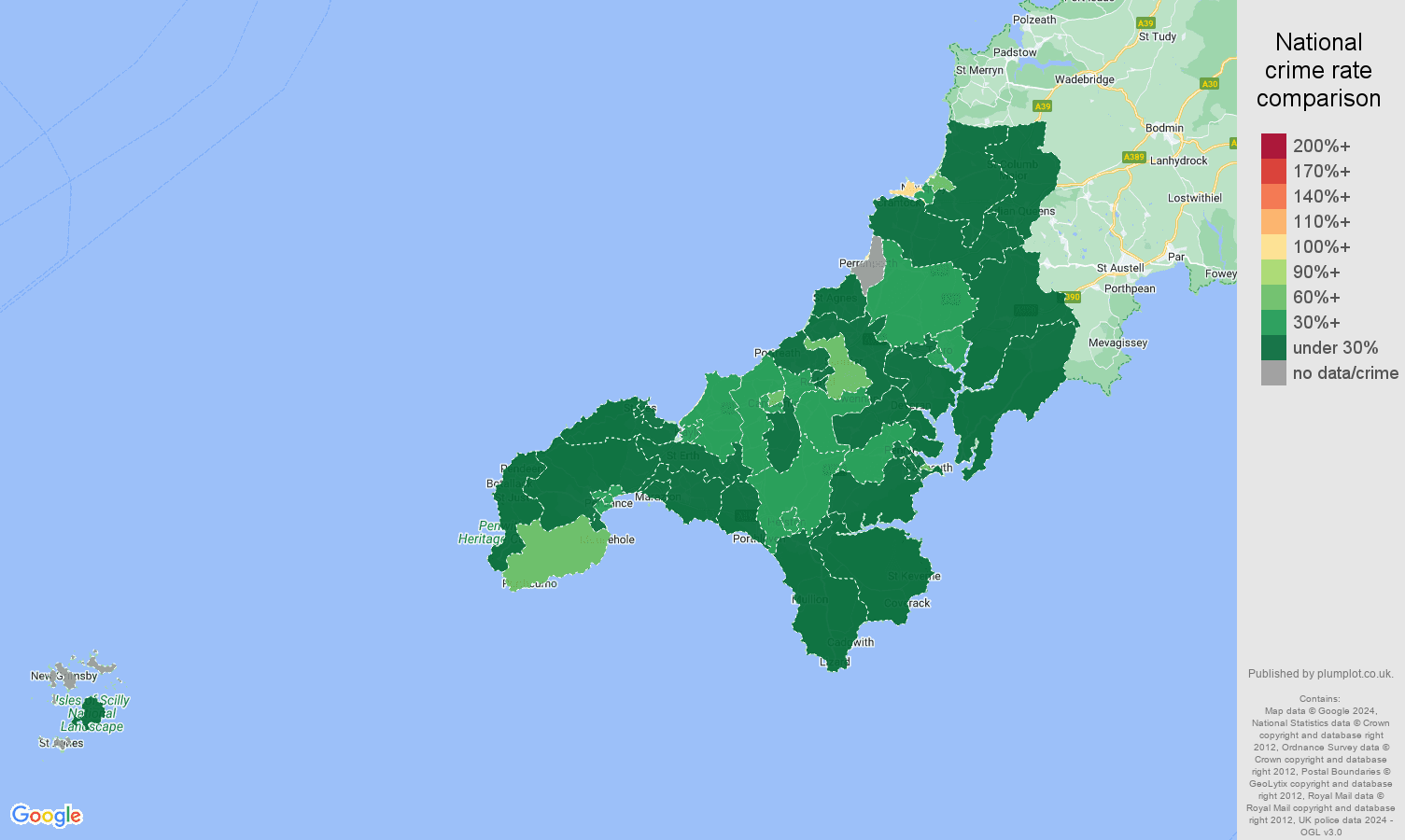 Truro burglary crime rate comparison map