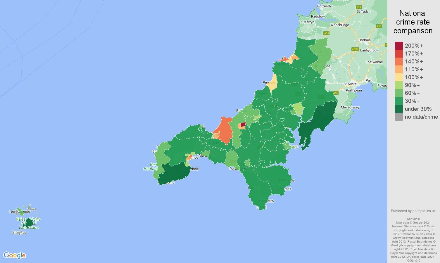 Truro criminal damage and arson crime rate comparison map