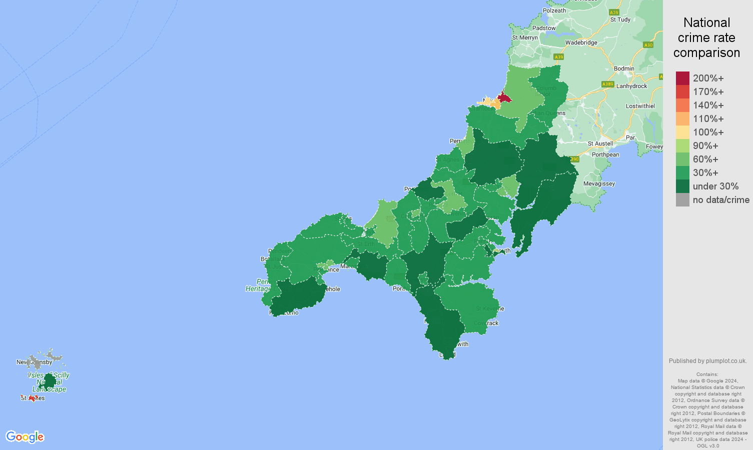 Truro other theft crime rate comparison map