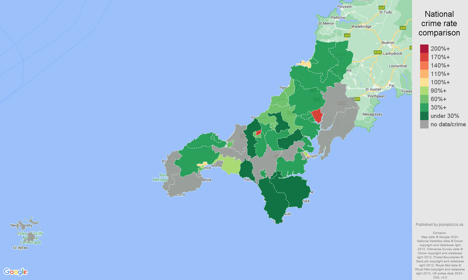 Truro possession of weapons crime rate comparison map