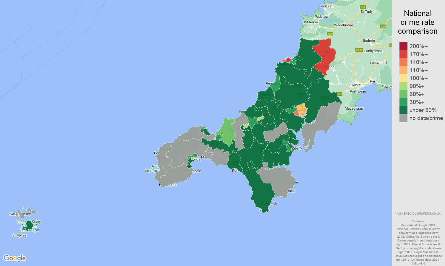 Truro shoplifting crime rate comparison map