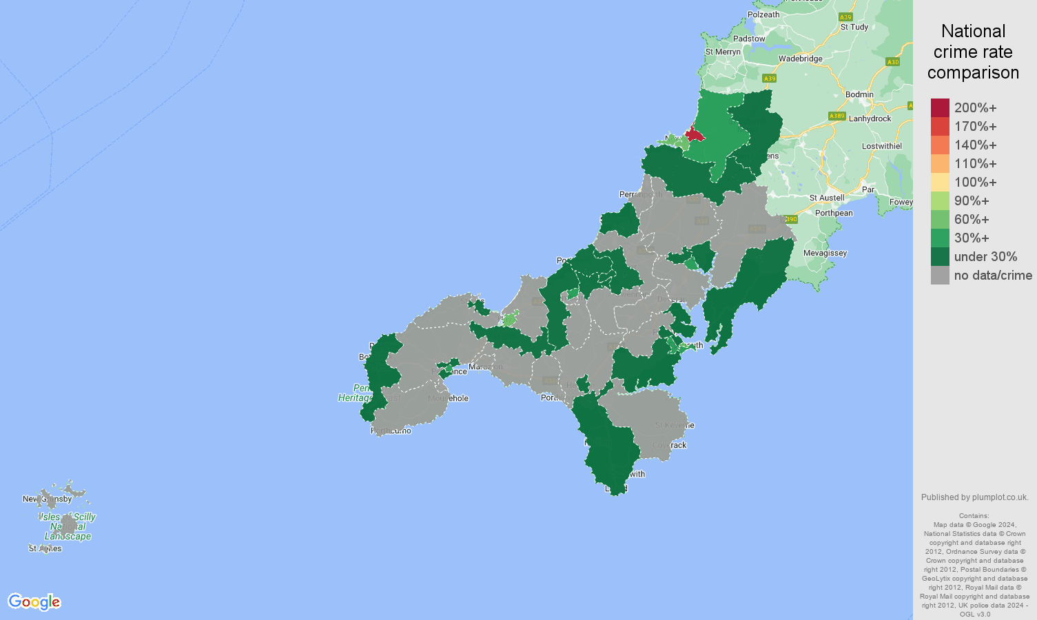 Truro theft from the person crime rate comparison map