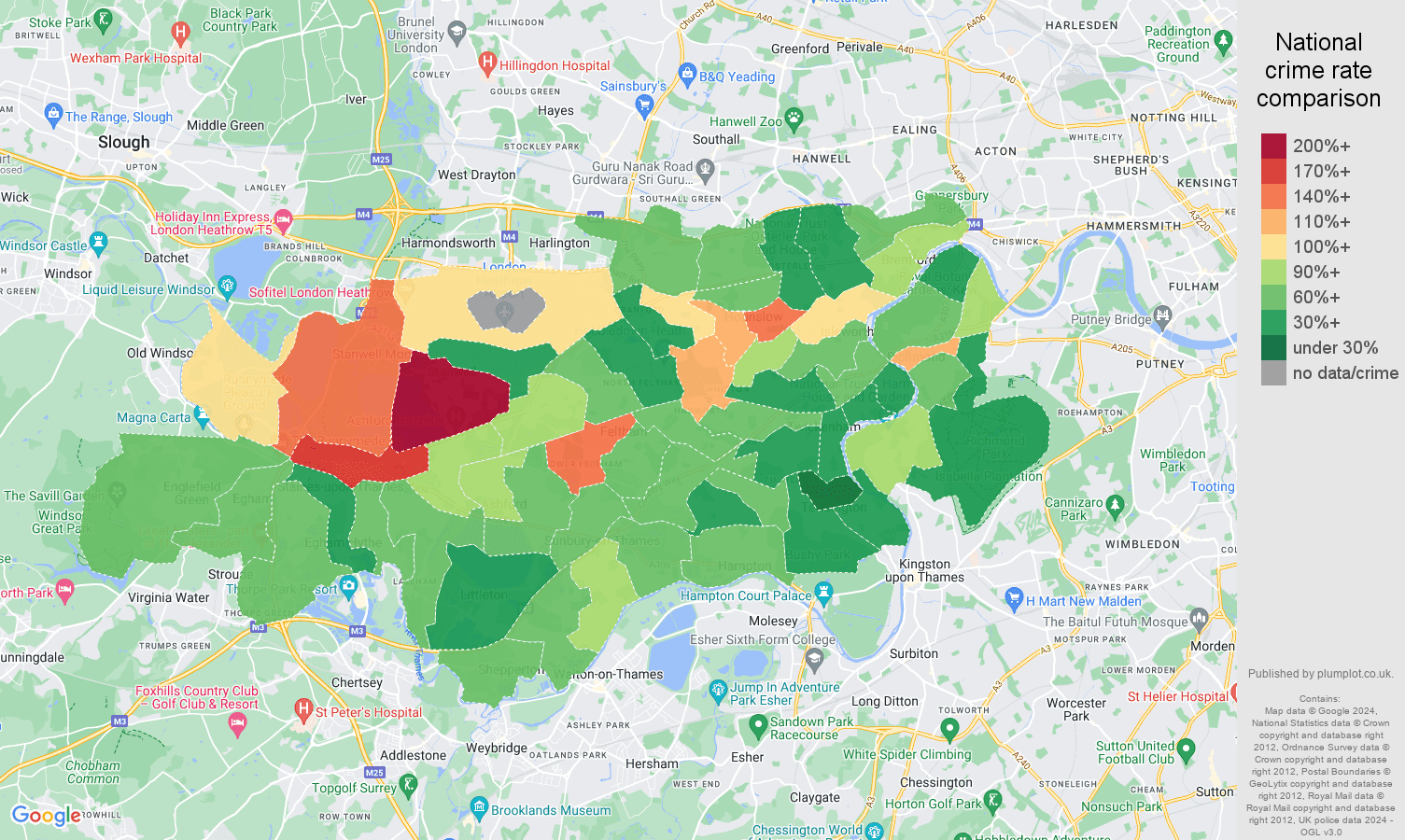 Twickenham criminal damage and arson crime rate comparison map