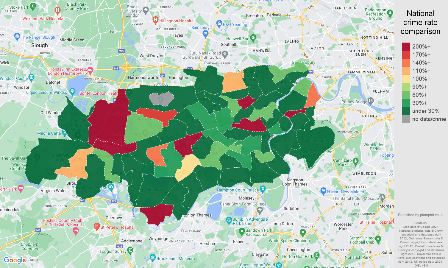 Twickenham shoplifting crime rate comparison map