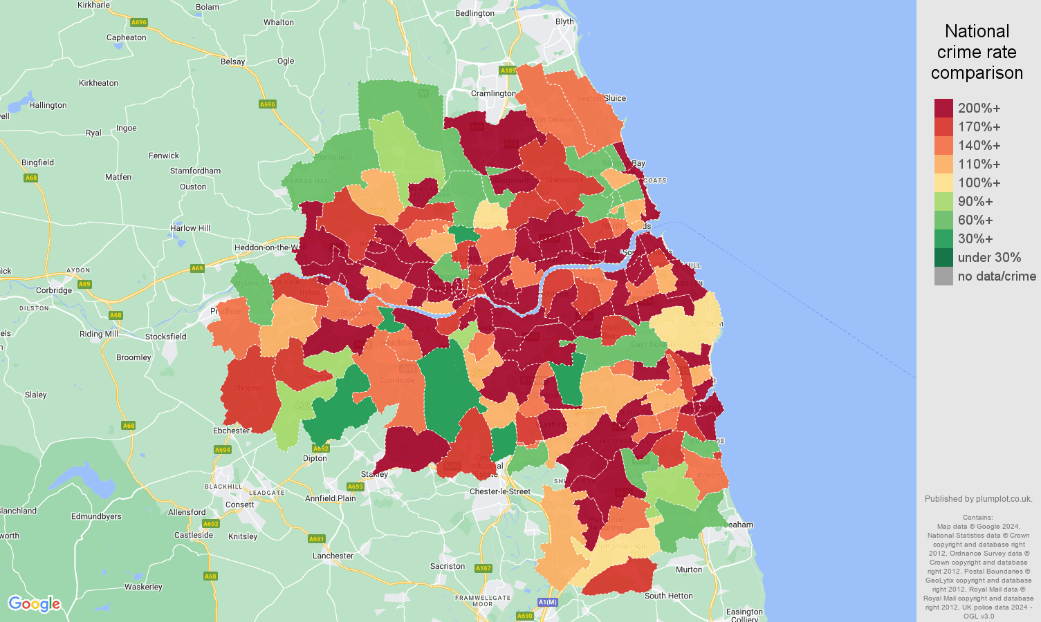 Tyne and Wear antisocial behaviour crime rate comparison map