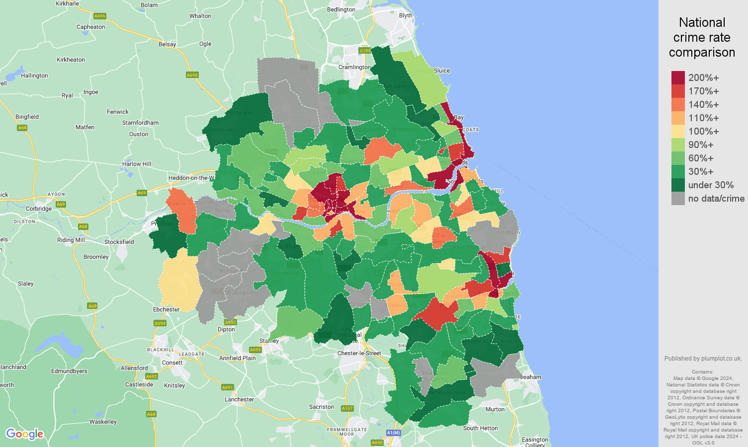 Tyne and Wear bicycle theft crime rate comparison map
