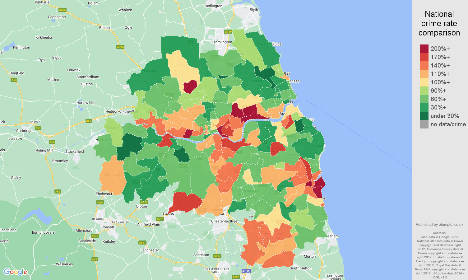 Tyne and Wear burglary crime rate comparison map
