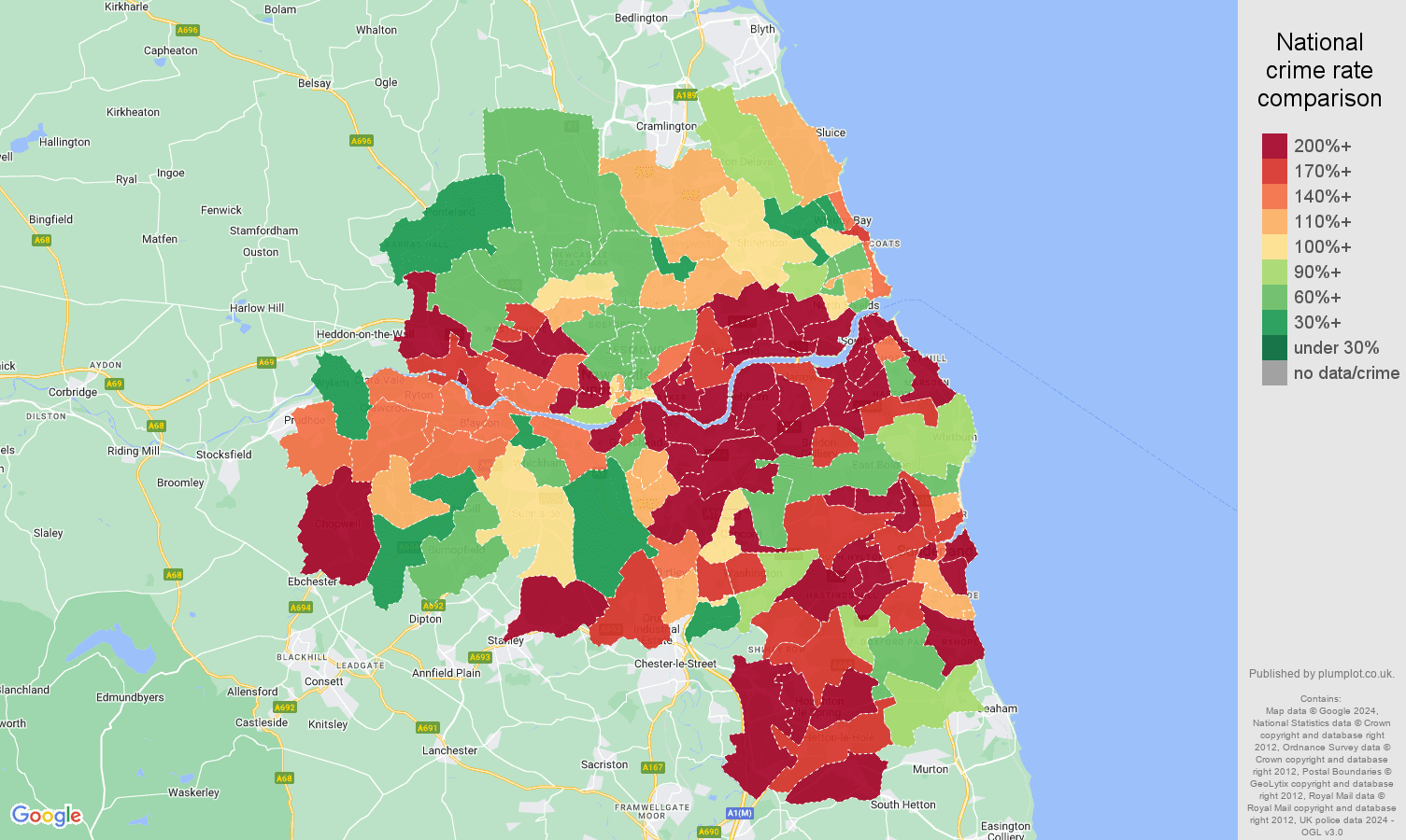 Tyne and Wear criminal damage and arson crime rate comparison map