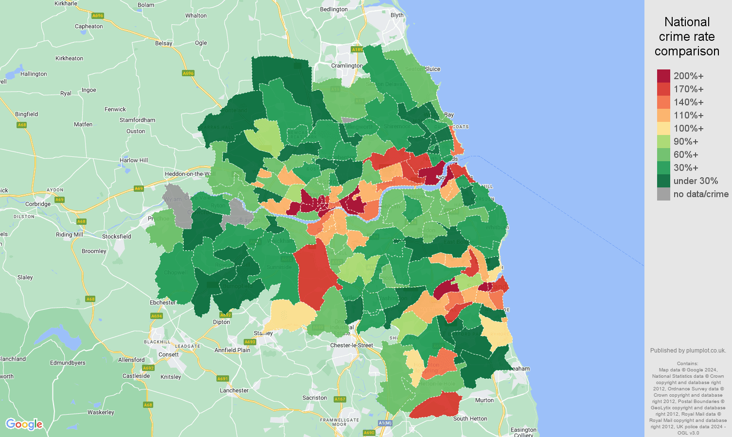 Tyne and Wear drugs crime rate comparison map
