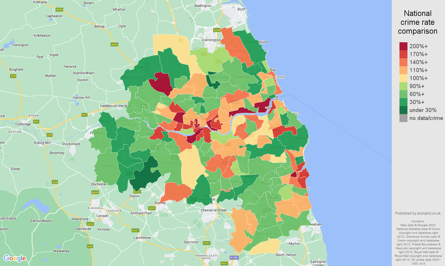 Tyne and Wear other theft crime rate comparison map