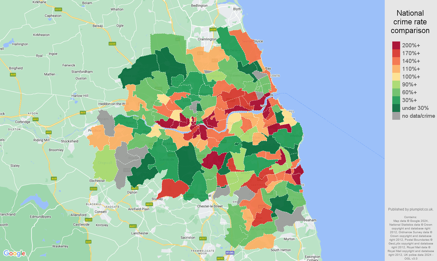 Tyne and Wear possession of weapons crime rate comparison map