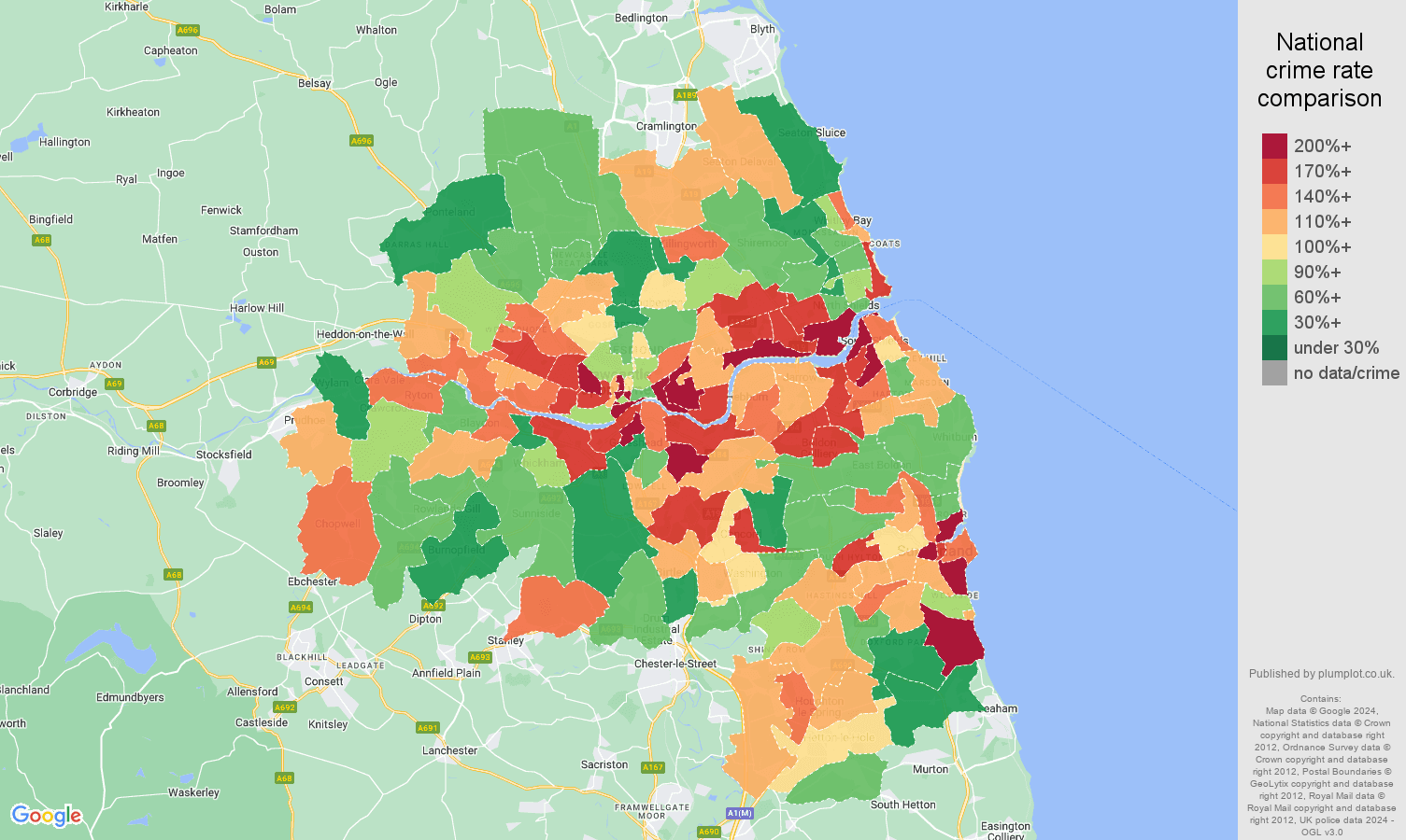 Tyne and Wear public order crime rate comparison map
