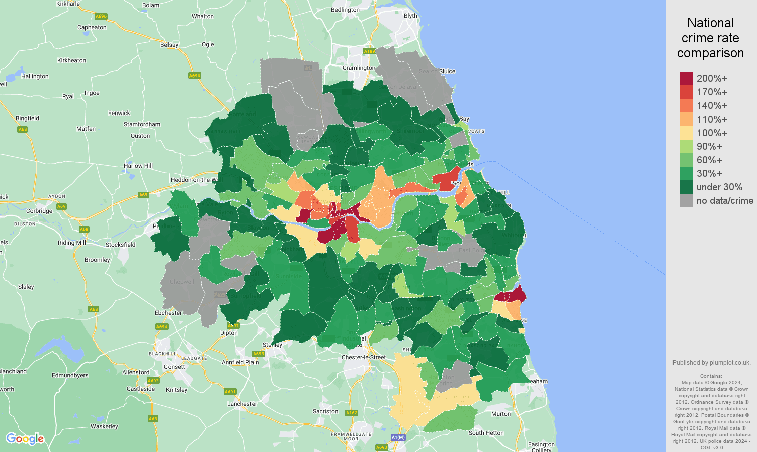 Tyne and Wear robbery crime rate comparison map