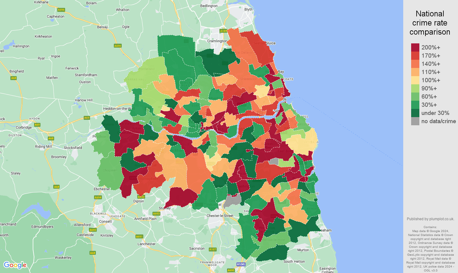 Tyne and Wear shoplifting crime rate comparison map