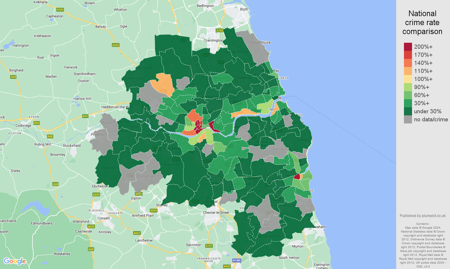 Tyne and Wear theft from the person crime rate comparison map