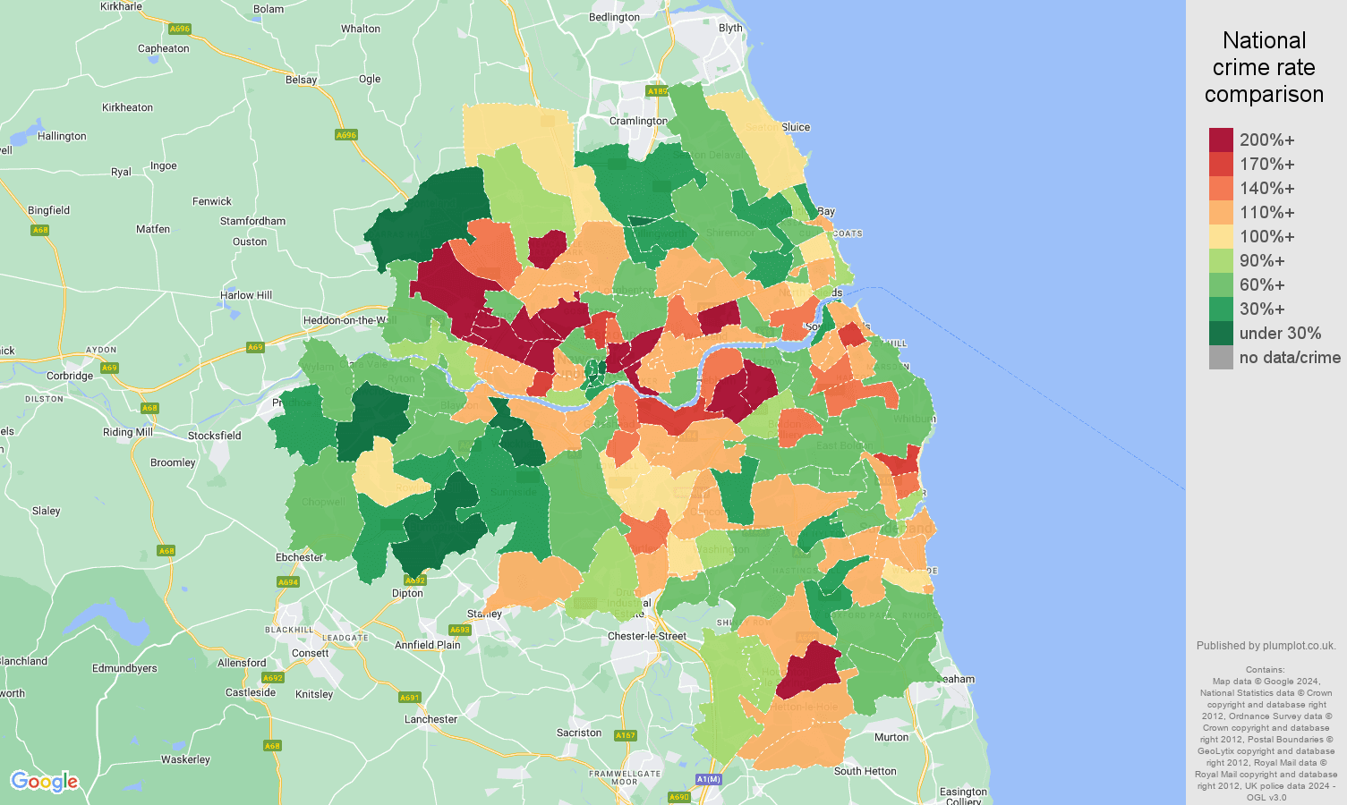 Tyne and Wear vehicle crime rate comparison map