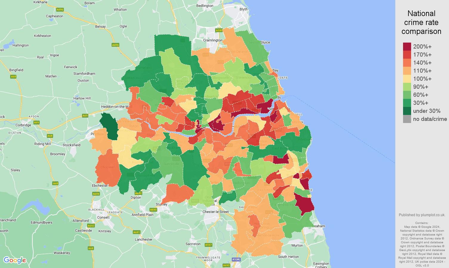 Tyne and Wear violent crime rate comparison map